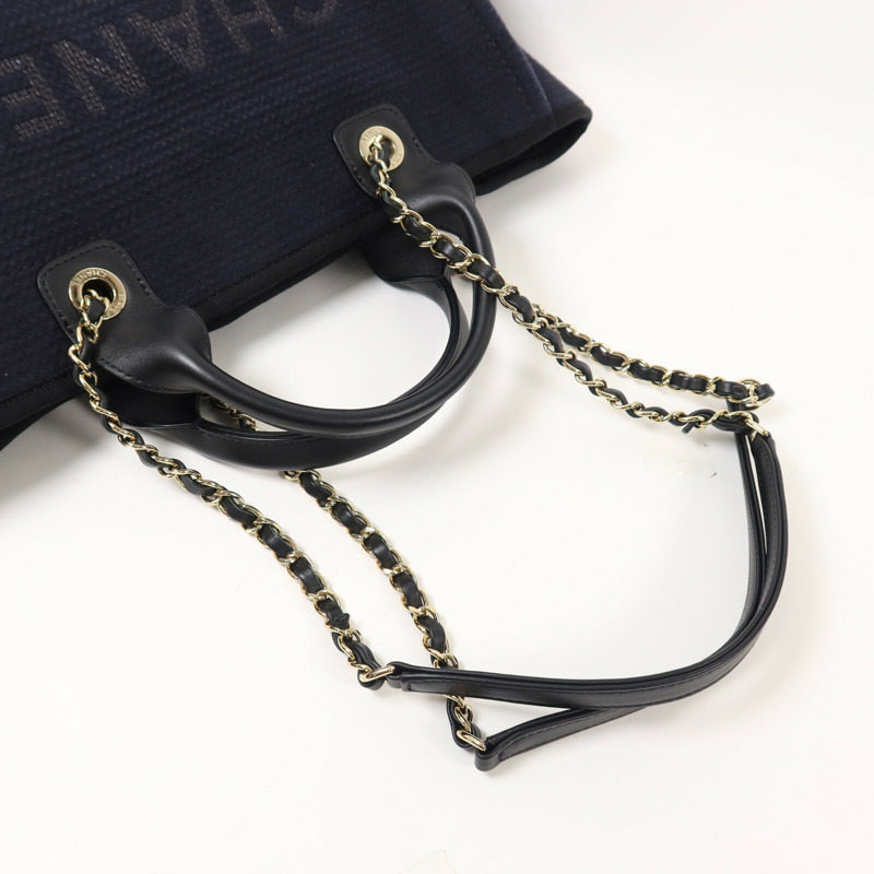 CHANEL 帆布Deauville MM鏈帶手挽肩背兩用袋-7