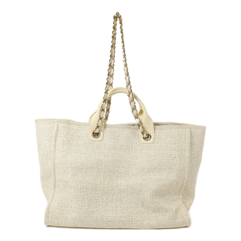 CHANEL 帆布/藤料Deauville Tote MM鏈帶手挽肩背兩用袋-1