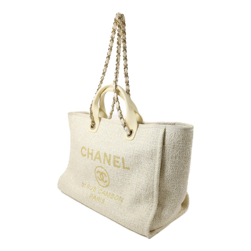 CHANEL 帆布/藤料Deauville Tote MM鏈帶手挽肩背兩用袋-2