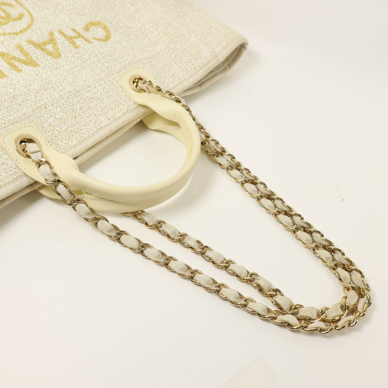 CHANEL 帆布/藤料Deauville Tote MM鏈帶手挽肩背兩用袋-7