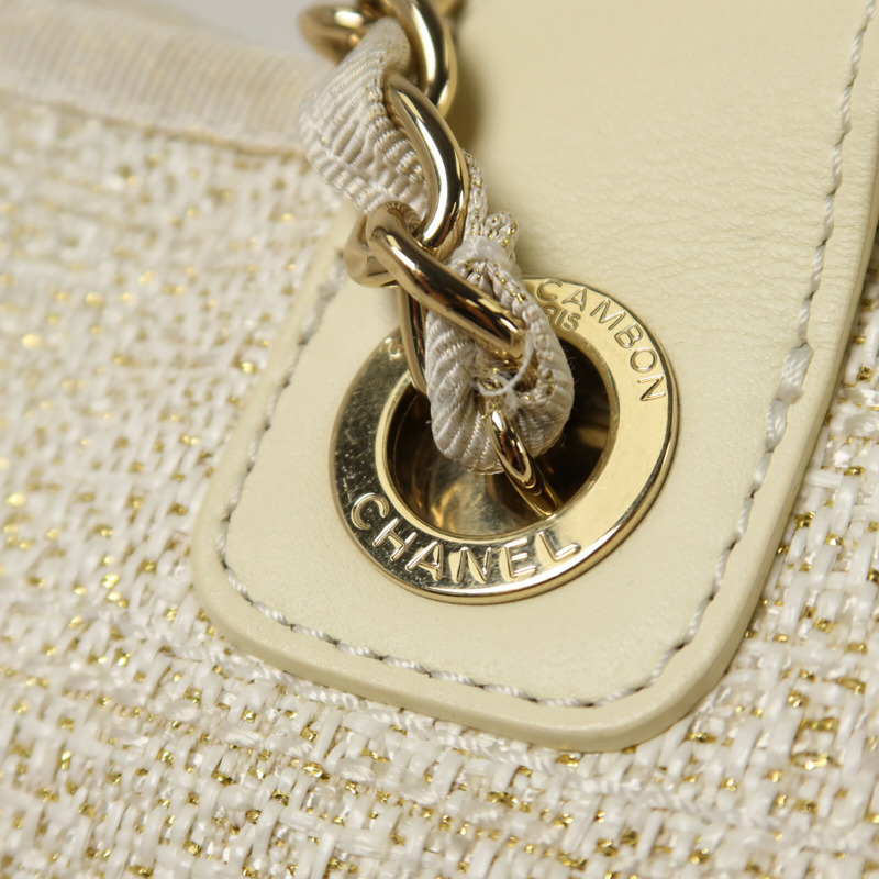 CHANEL 帆布/藤料Deauville Tote MM鏈帶手挽肩背兩用袋-10