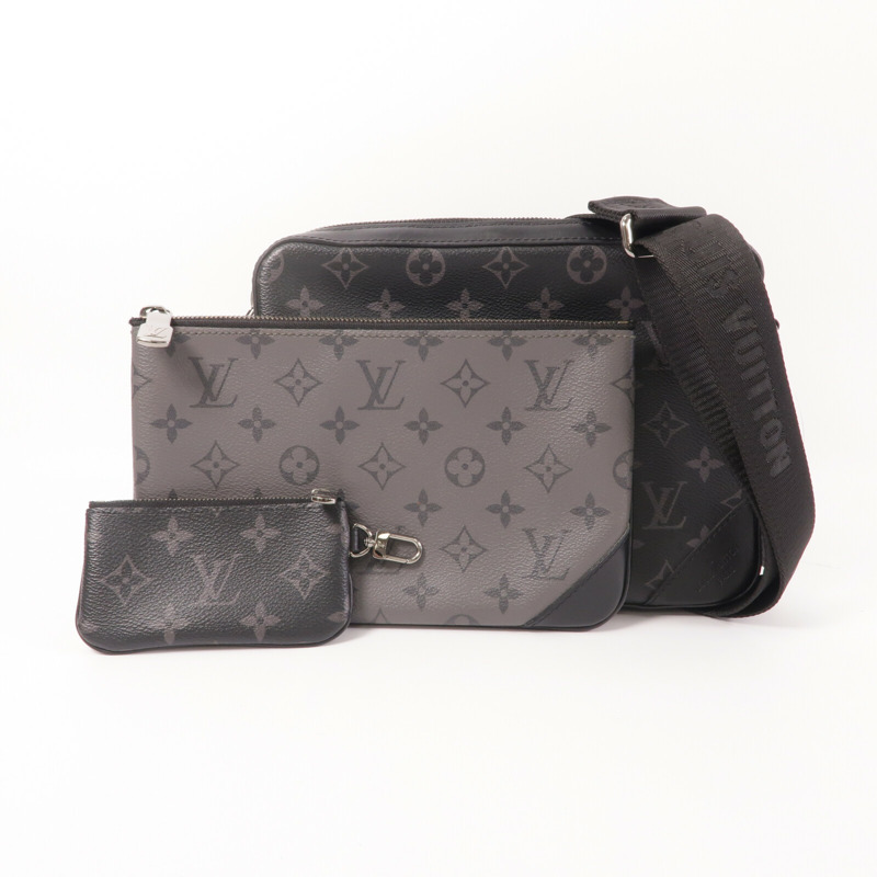 LOUIS VUITTON Monogram Eclipse Reverse Trio Messenger銀扣肩背袋灰色-12