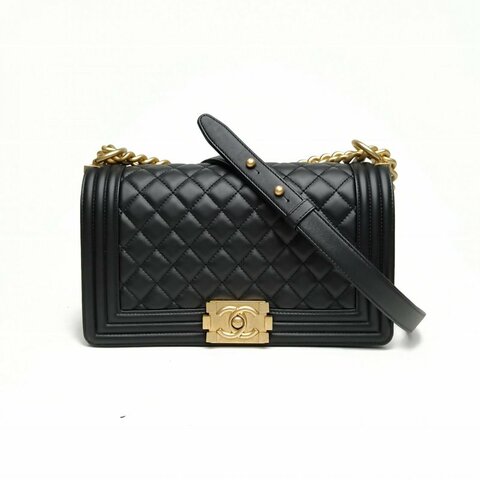 CHANEL Leboy中號25黑色牛皮27開金扣菱格紋肩背包