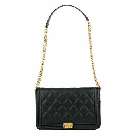 KESH 凱仕國際精品【率性俐落、經典入門】CHANEL BOY CHANEL WOC 黑色魚子醬牛皮鏈帶包｜復古金扣