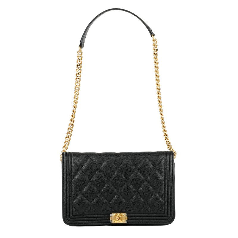 KESH 凱仕國際精品【率性俐落、經典入門】CHANEL BOY CHANEL WOC 黑色魚子醬牛皮鏈帶包｜復古金扣-0