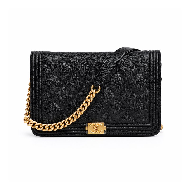 KESH 凱仕國際精品【率性俐落、經典入門】CHANEL BOY CHANEL WOC 黑色魚子醬牛皮鏈帶包｜復古金扣-1