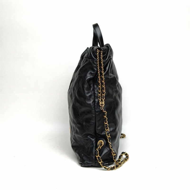 CHANEL 22Bag帶手柄雙肩包大號黑色牛皮晶片金扣肩背包-1