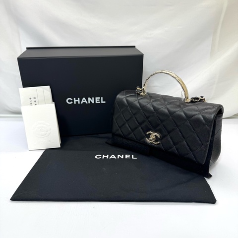 CHANEL Coco Handle 23cm 黑色荔枝皮 金扣 芯片款 AS5555