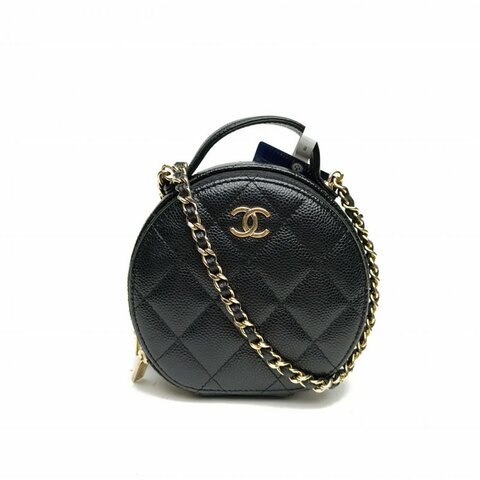 CHANEL CF季節款22早春拉鏈翻蓋圓餅包黑色牛皮31開肩背包