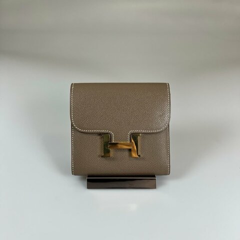 HERMES □V刻大象灰金扣康康短夾