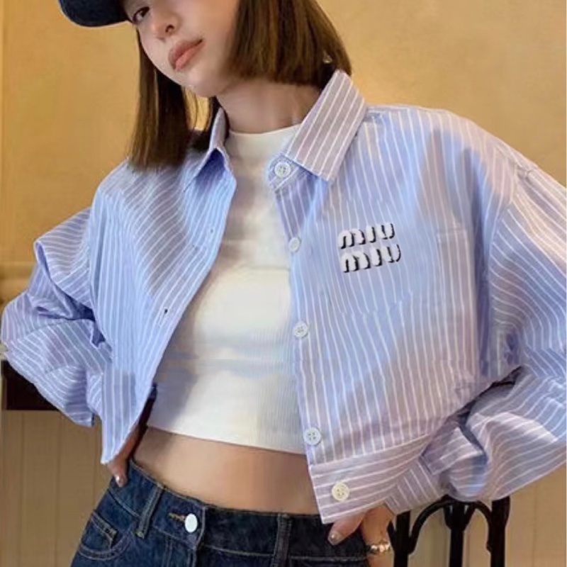 Miu Miu藍白豎條紋短款襯衫-1