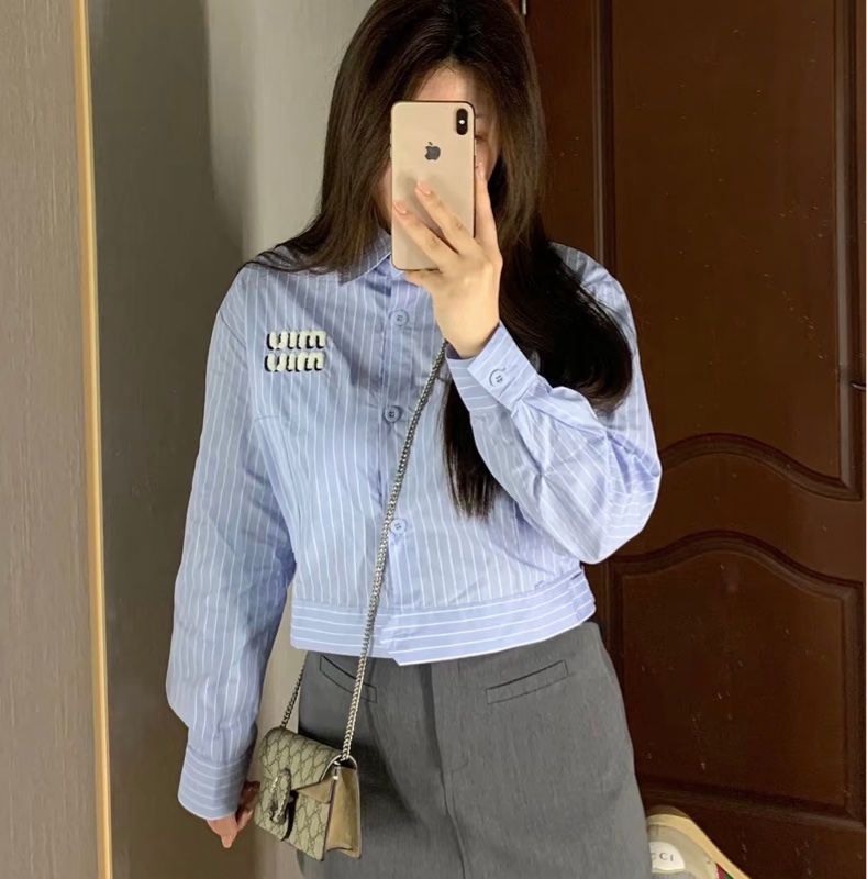 Miu Miu藍白豎條紋短款襯衫-2