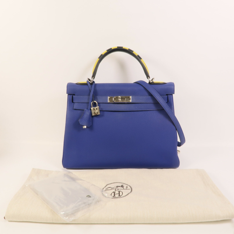 HERMES Togo皮革Kelly 32手挽肩背兩用袋Blue Electrique-13
