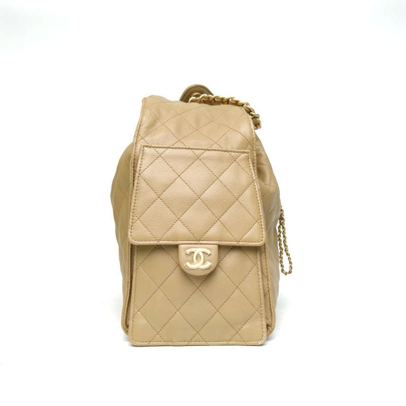 CHANEL 25BAG腋下中號黑色荔枝牛皮奶茶色晶片金扣肩背包-1