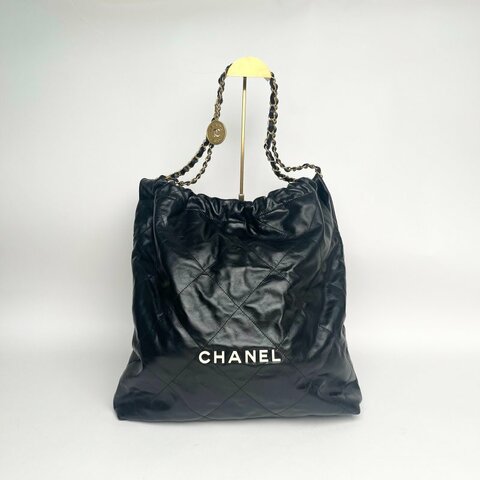 CHANEL 22BagTote托特包大號黑色牛皮晶片白扣肩背包