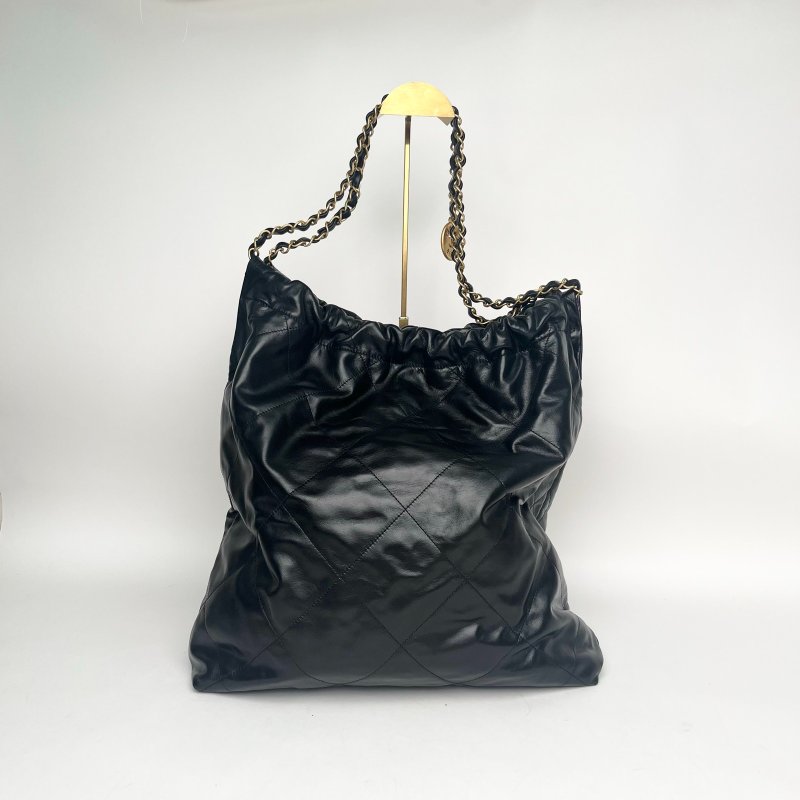CHANEL 22BagTote托特包大號黑色牛皮晶片白扣肩背包-2