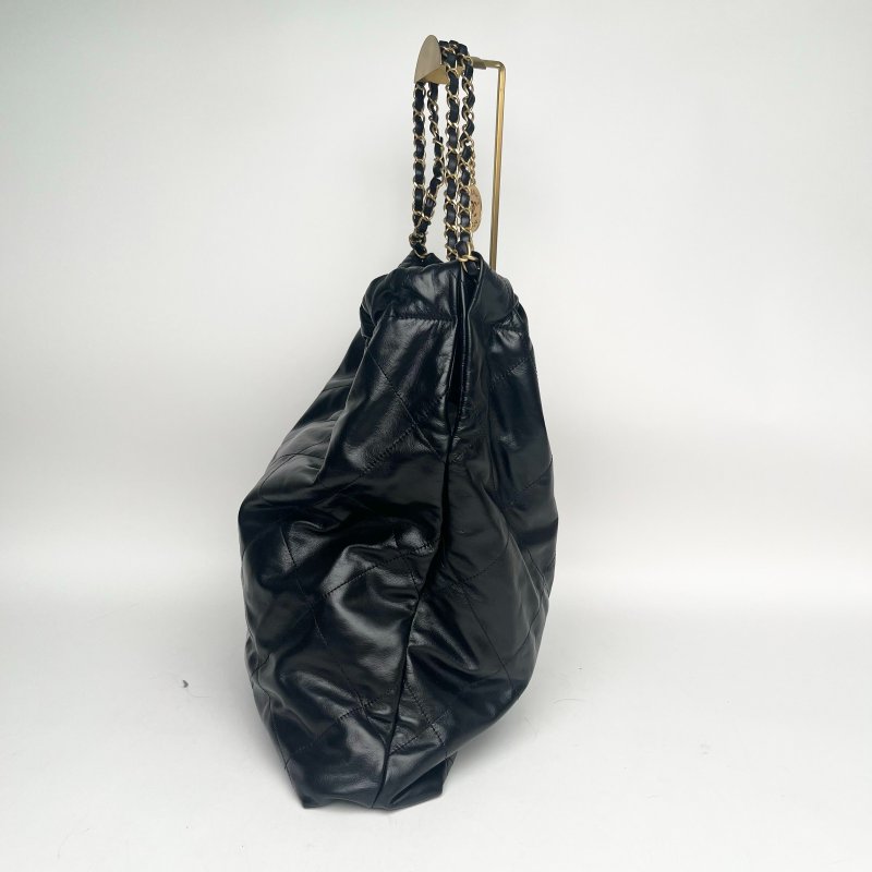 CHANEL 22BagTote托特包大號黑色牛皮晶片白扣肩背包-3