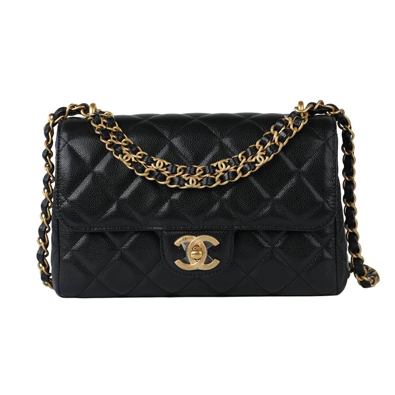 KESH 凱仕國際精品【雙鏈設計、20cm黃金尺寸】CHANEL 25P Double Chain Flap Bag 香奈兒魚子醬牛皮雙鏈帶口蓋包｜晶片款-0