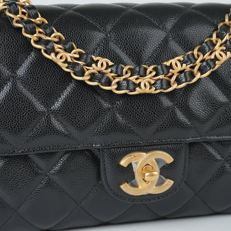 KESH 凱仕國際精品【雙鏈設計、20cm黃金尺寸】CHANEL 25P Double Chain Flap Bag 香奈兒魚子醬牛皮雙鏈帶口蓋包｜晶片款-1
