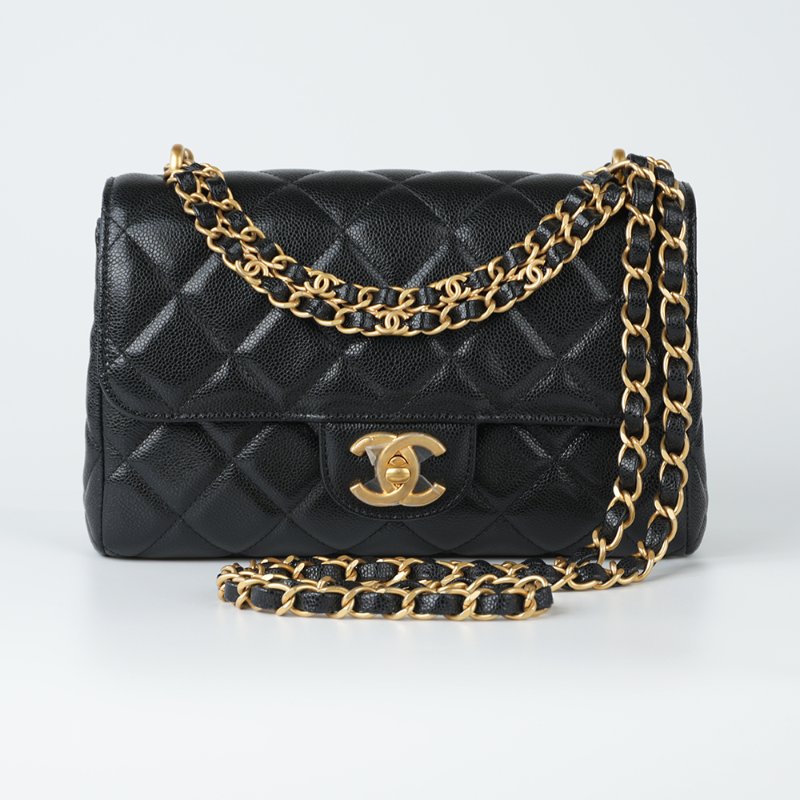 KESH 凱仕國際精品【雙鏈設計、20cm黃金尺寸】CHANEL 25P Double Chain Flap Bag 香奈兒魚子醬牛皮雙鏈帶口蓋包｜晶片款-10