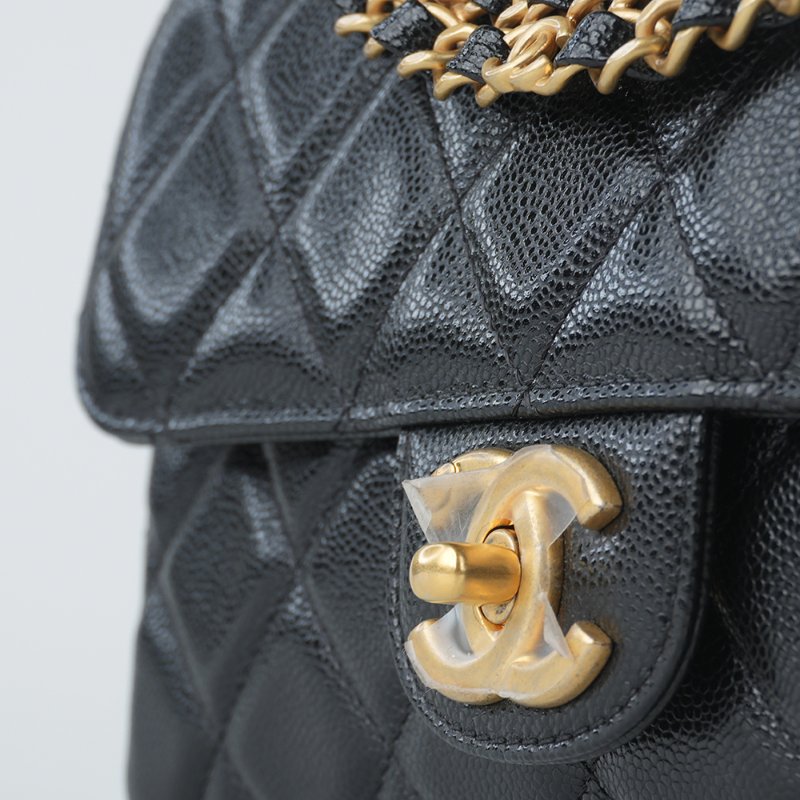 KESH 凱仕國際精品【雙鏈設計、20cm黃金尺寸】CHANEL 25P Double Chain Flap Bag 香奈兒魚子醬牛皮雙鏈帶口蓋包｜晶片款-12