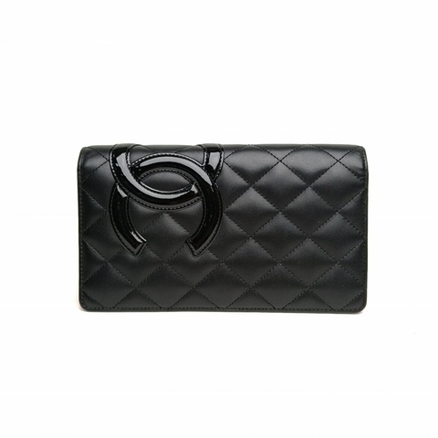 CHANEL 中古康鵬長款翻蓋錢包黑色牛皮16開銀扣