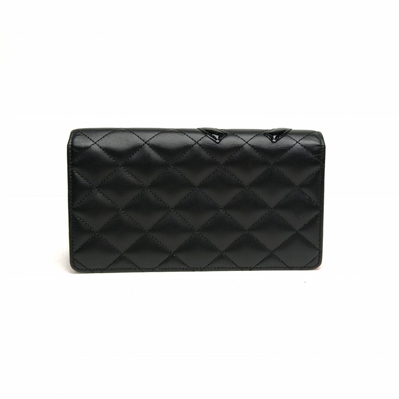 CHANEL 中古康鵬長款翻蓋錢包黑色牛皮16開銀扣-2