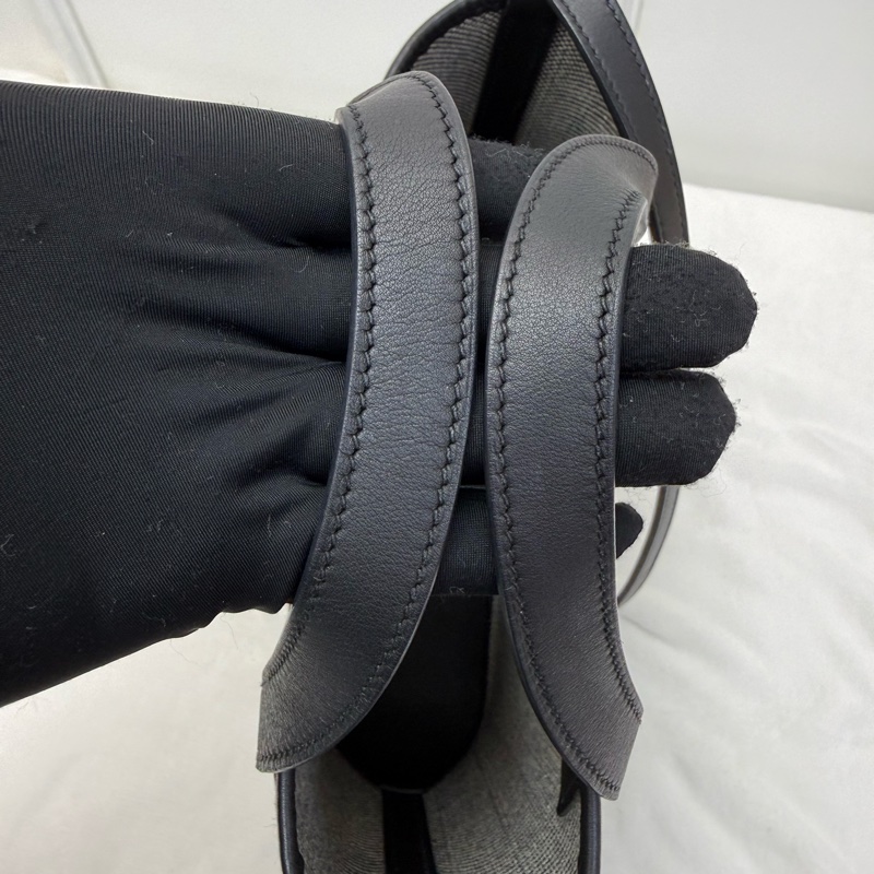HERMES愛馬仕 Cabas 27水桶包 H帆布拼Swift小牛皮 黑白熊貓拼色 肩帶款 手提斜挎單肩包-7