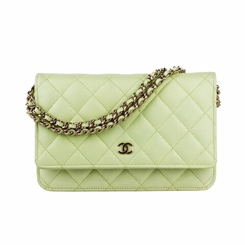 KESH 凱仕國際精品【清新稀有、優雅亮點】CHANEL Classic Wallet On Chain 香奈兒魚子醬牛皮鏈帶長夾 WOC｜綠色金扣｜晶片款