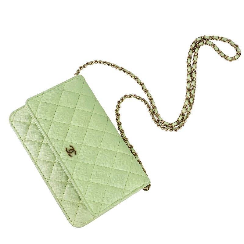 KESH 凱仕國際精品【清新稀有、優雅亮點】CHANEL Classic Wallet On Chain 香奈兒魚子醬牛皮鏈帶長夾 WOC｜綠色金扣｜晶片款-1