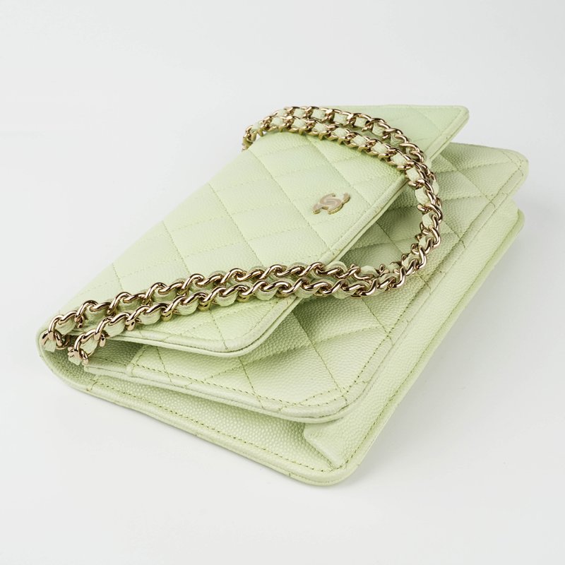 KESH 凱仕國際精品【清新稀有、優雅亮點】CHANEL Classic Wallet On Chain 香奈兒魚子醬牛皮鏈帶長夾 WOC｜綠色金扣｜晶片款-3