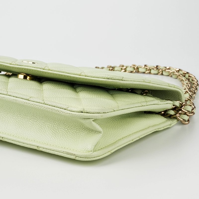 KESH 凱仕國際精品【清新稀有、優雅亮點】CHANEL Classic Wallet On Chain 香奈兒魚子醬牛皮鏈帶長夾 WOC｜綠色金扣｜晶片款-5