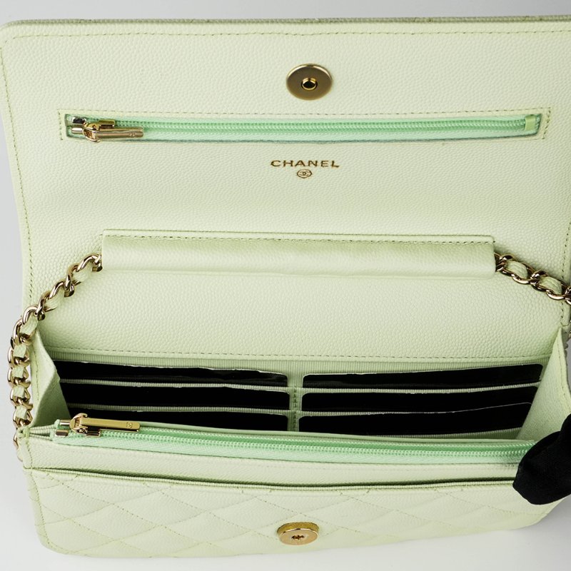 KESH 凱仕國際精品【清新稀有、優雅亮點】CHANEL Classic Wallet On Chain 香奈兒魚子醬牛皮鏈帶長夾 WOC｜綠色金扣｜晶片款-8