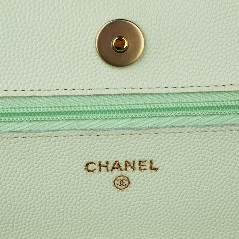 KESH 凱仕國際精品【清新稀有、優雅亮點】CHANEL Classic Wallet On Chain 香奈兒魚子醬牛皮鏈帶長夾 WOC｜綠色金扣｜晶片款-9
