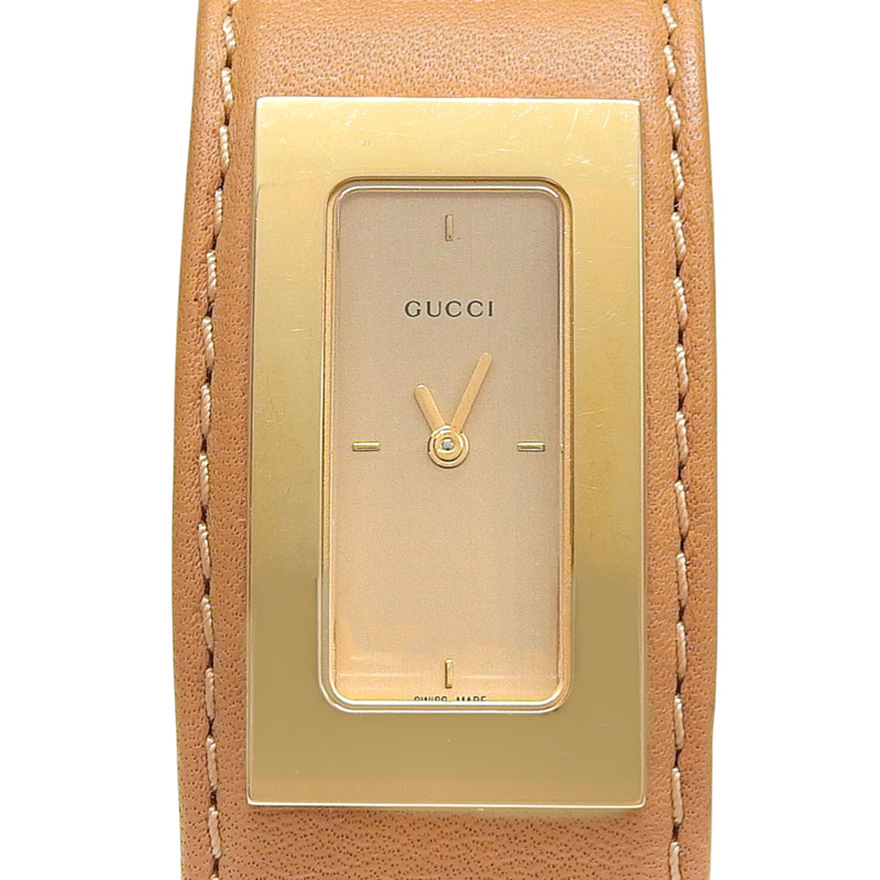 Gucci 7800S 鍍金皮革石英模擬錶盤女士手鐲腕錶-0
