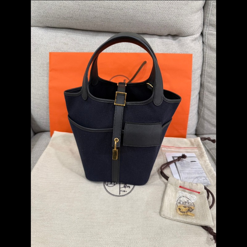 Hermès 帆布拼接皮革菜籃子P18深藍黑色金扣-0