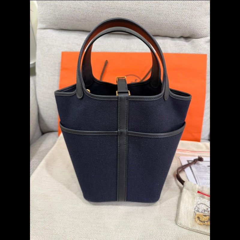 Hermès 帆布拼接皮革菜籃子P18深藍黑色金扣-1
