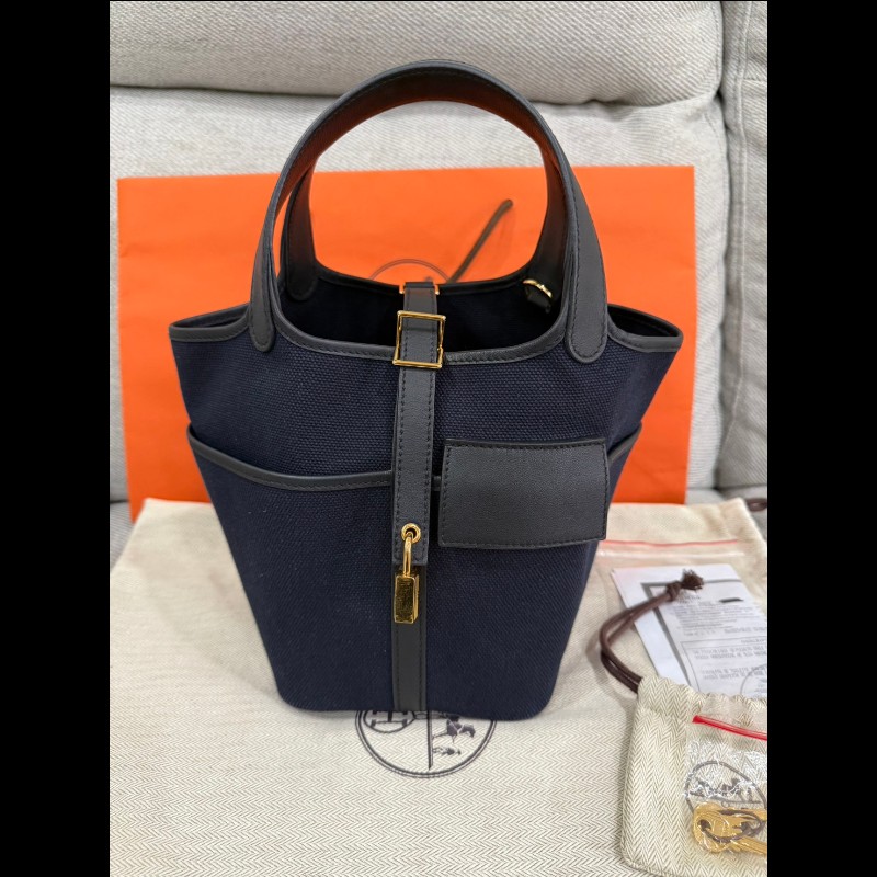 Hermès 帆布拼接皮革菜籃子P18深藍黑色金扣-5