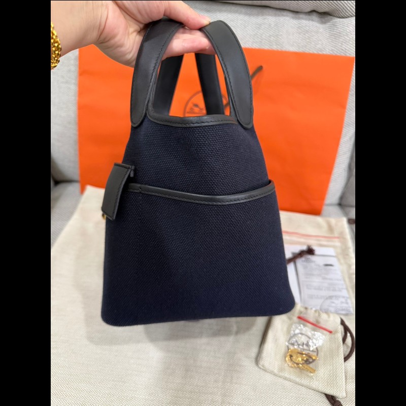 Hermès 帆布拼接皮革菜籃子P18深藍黑色金扣-7