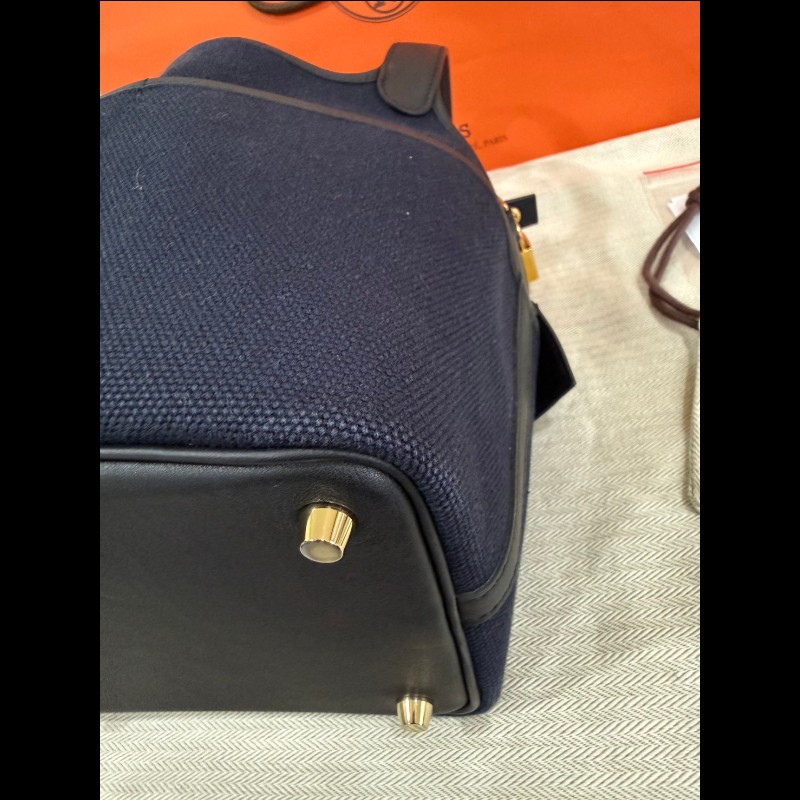 Hermès 帆布拼接皮革菜籃子P18深藍黑色金扣-8