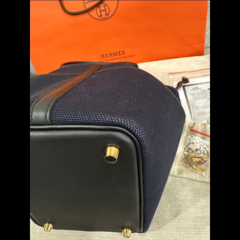 Hermès 帆布拼接皮革菜籃子P18深藍黑色金扣-9