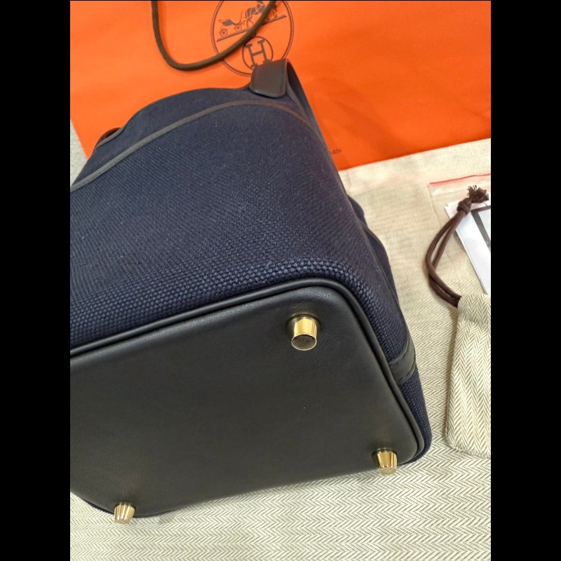 Hermès 帆布拼接皮革菜籃子P18深藍黑色金扣-10
