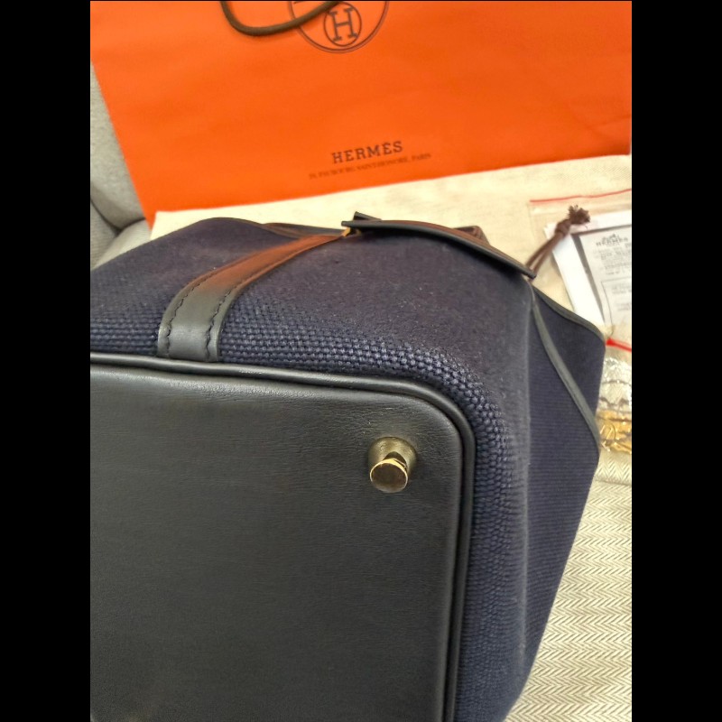 Hermès 帆布拼接皮革菜籃子P18深藍黑色金扣-11