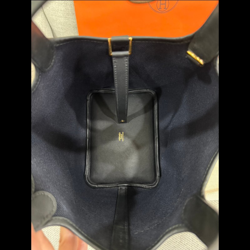 Hermès 帆布拼接皮革菜籃子P18深藍黑色金扣-12