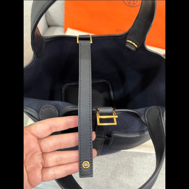 Hermès 帆布拼接皮革菜籃子P18深藍黑色金扣-13