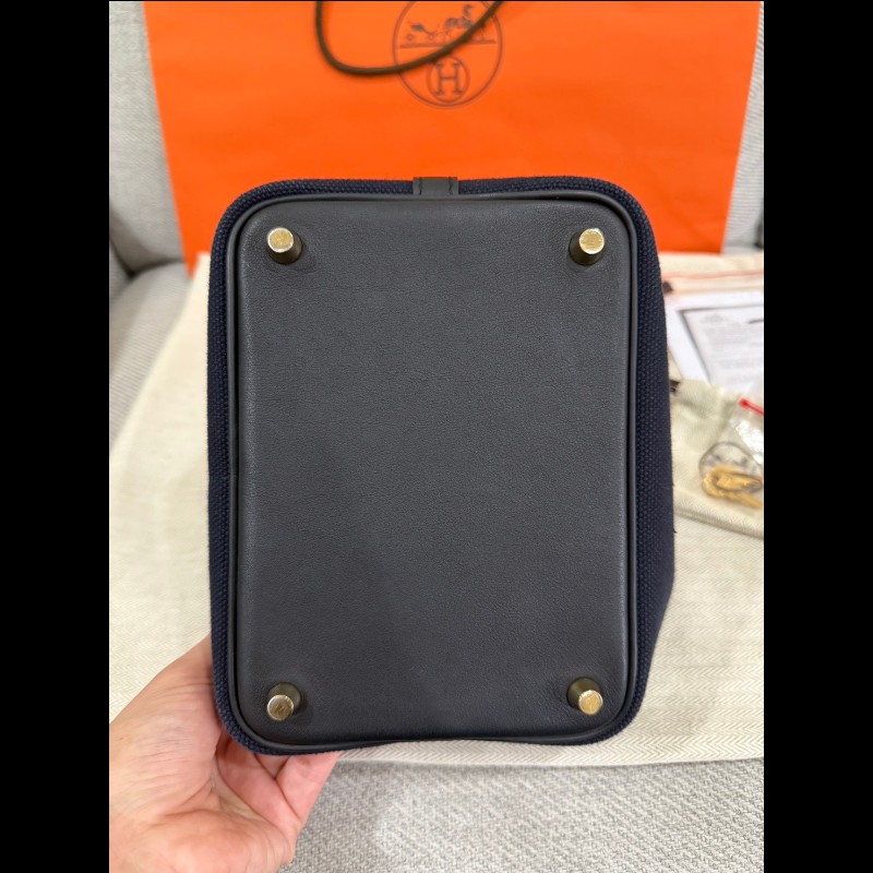 Hermès 帆布拼接皮革菜籃子P18深藍黑色金扣-18