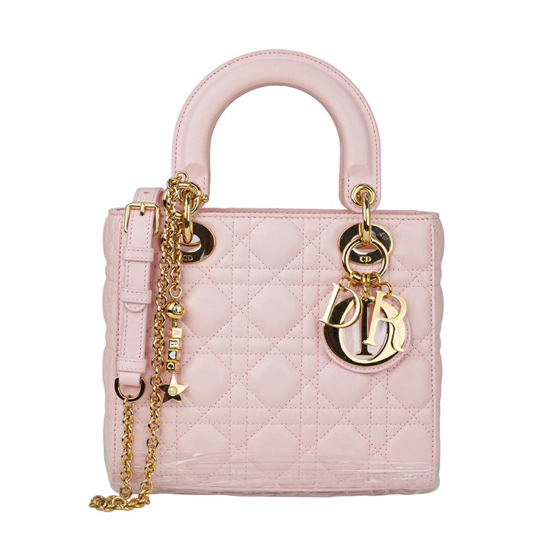 KESH 凱仕國際精品【金色吊飾、優雅甜美】Lady Dior My ABCDior 櫻花粉手提包｜迪奧戴妃包｜淡粉色羊皮革藤格紋-0