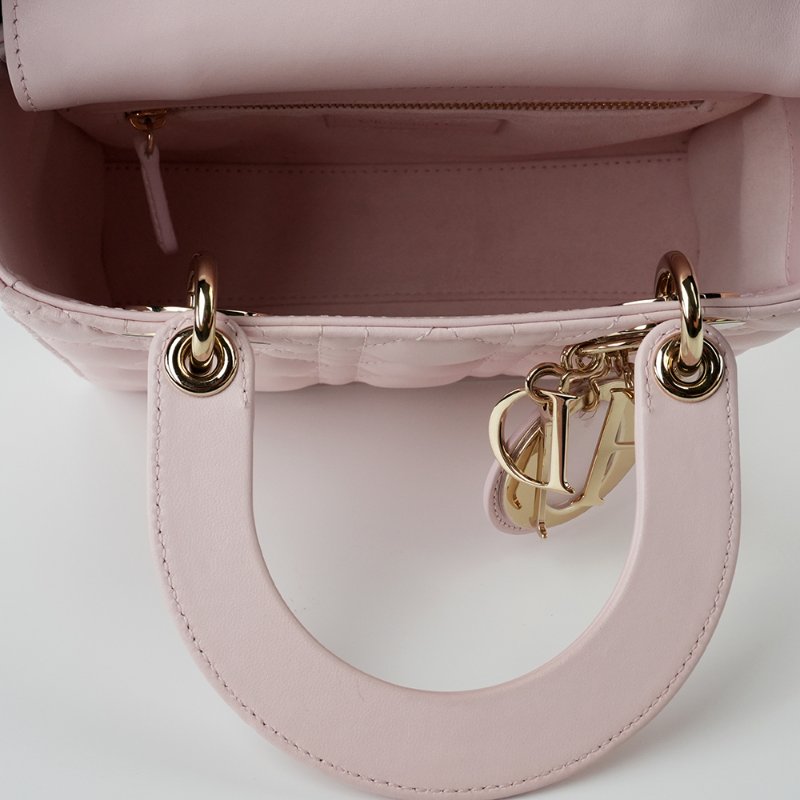 KESH 凱仕國際精品【金色吊飾、優雅甜美】Lady Dior My ABCDior 櫻花粉手提包｜迪奧戴妃包｜淡粉色羊皮革藤格紋-13