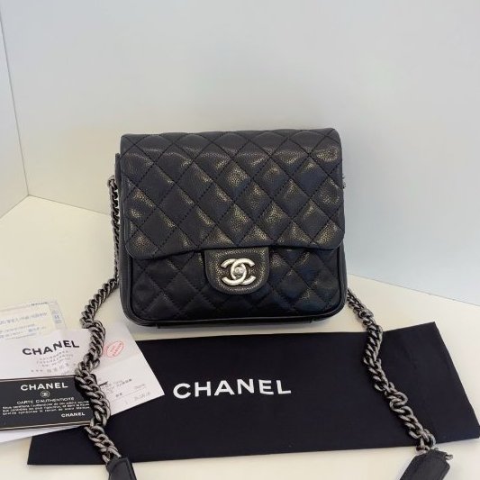香奈兒/Chanel 黑銀荔枝牛皮方胖子-0