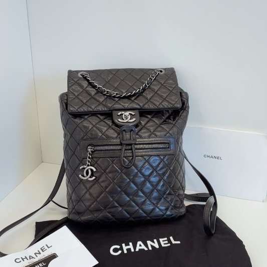 香奈兒/Chanel 黑銀油蠟牛皮 薩爾茨堡雙肩包 中號-0